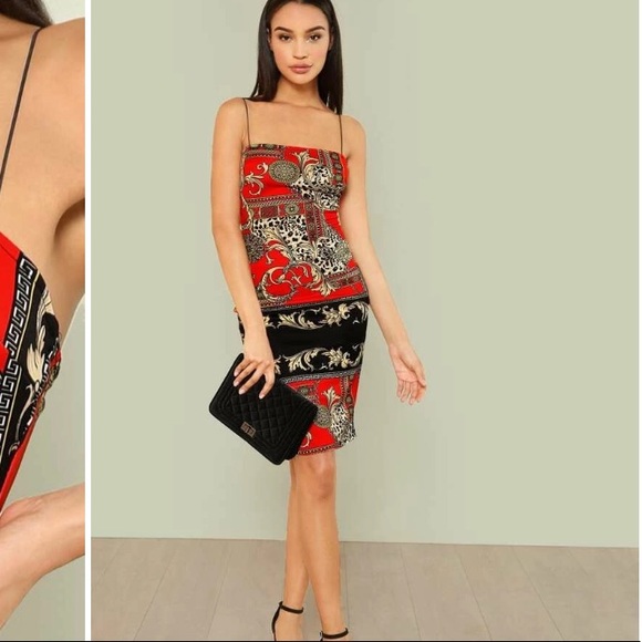 Scarf Print Spaghetti Strap Bodycon Dress NWOT - Picture 4 of 16